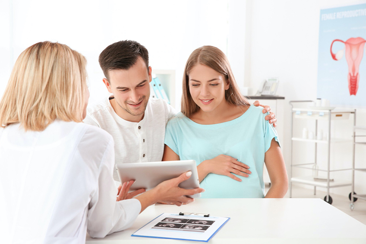 husband with pregnant wife at doctors